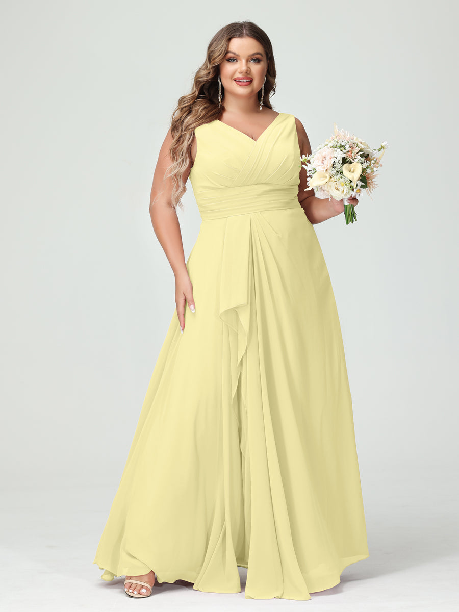 Vestidos Princesa/ Formato A com Decote Em V Sem Mangas Em Chiffon Babados Vestidos de Dama de Honra com Bolsos