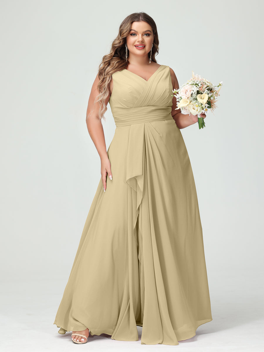 Vestidos Princesa/ Formato A com Decote Em V Sem Mangas Em Chiffon Babados Vestidos de Dama de Honra com Bolsos