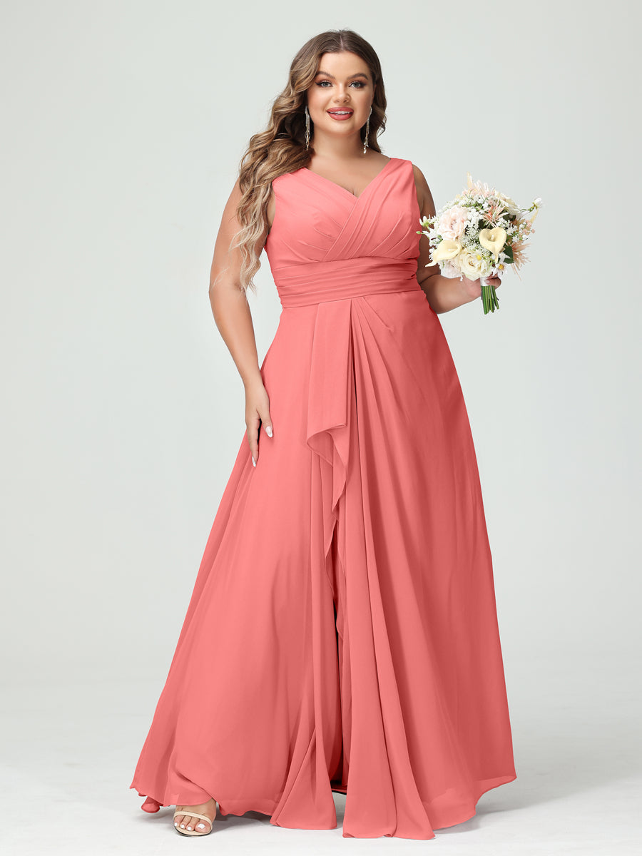 Vestidos Princesa/ Formato A com Decote Em V Sem Mangas Em Chiffon Babados Vestidos de Dama de Honra com Bolsos