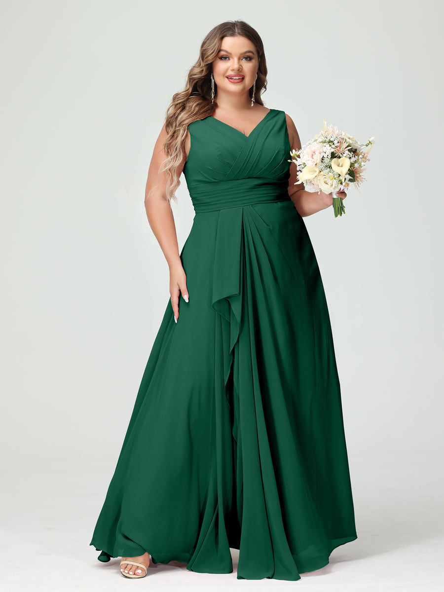 Vestidos Princesa/ Formato A com Decote Em V Sem Mangas Em Chiffon Babados Vestidos de Dama de Honra com Bolsos