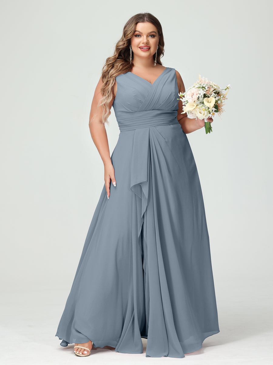 Vestidos Princesa/ Formato A com Decote Em V Sem Mangas Em Chiffon Babados Vestidos de Dama de Honra com Bolsos