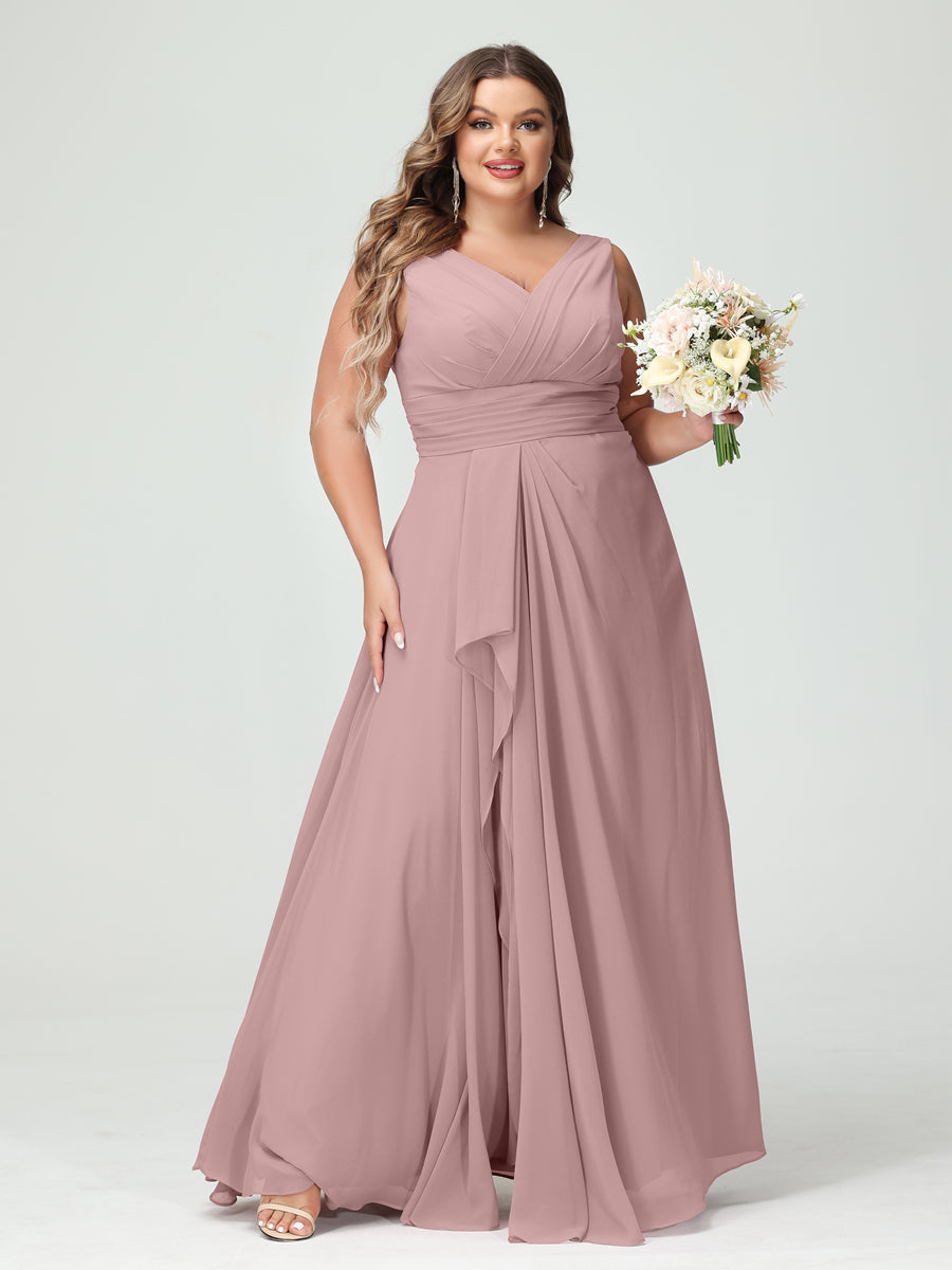 Vestidos Princesa/ Formato A com Decote Em V Sem Mangas Em Chiffon Babados Vestidos de Dama de Honra com Bolsos