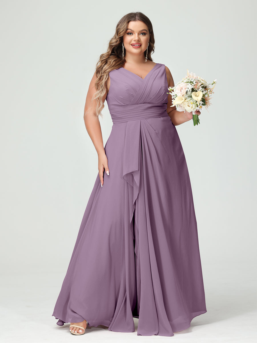 Vestidos Princesa/ Formato A com Decote Em V Sem Mangas Em Chiffon Babados Vestidos de Dama de Honra com Bolsos