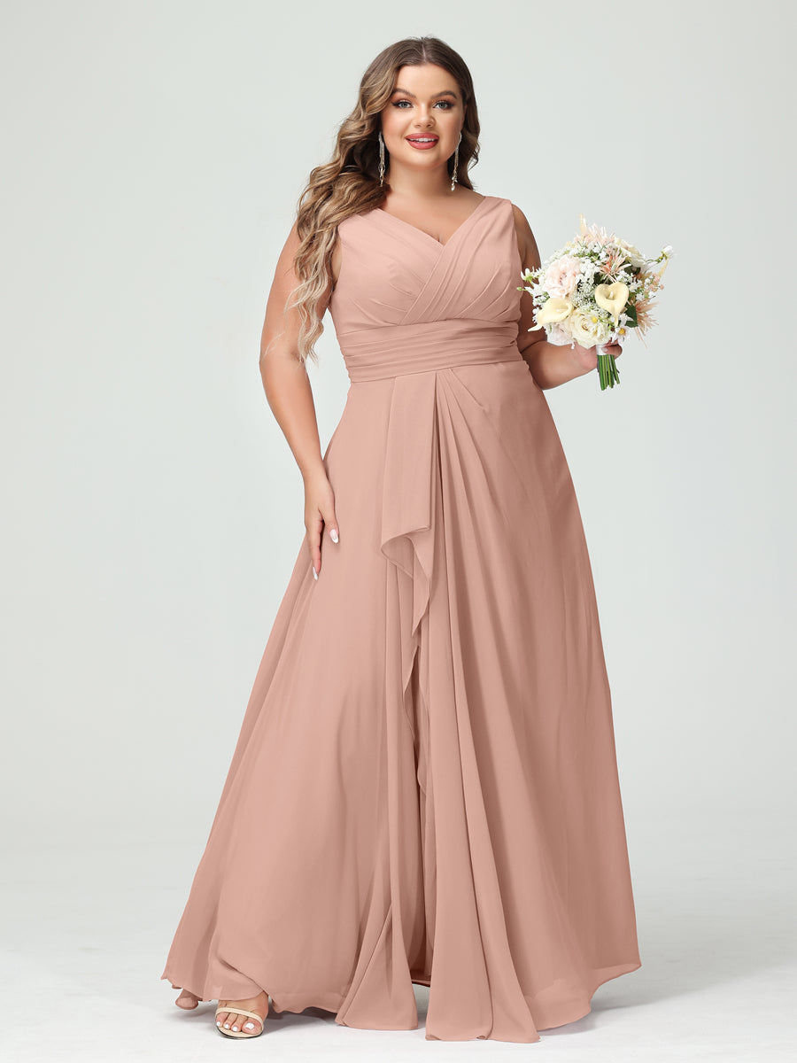 Vestidos Princesa/ Formato A com Decote Em V Sem Mangas Em Chiffon Babados Vestidos de Dama de Honra com Bolsos