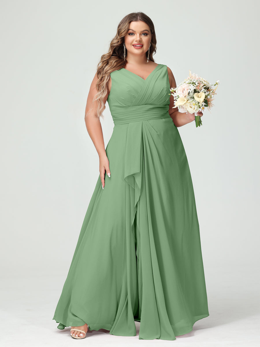 Vestidos Princesa/ Formato A com Decote Em V Sem Mangas Em Chiffon Babados Vestidos de Dama de Honra com Bolsos