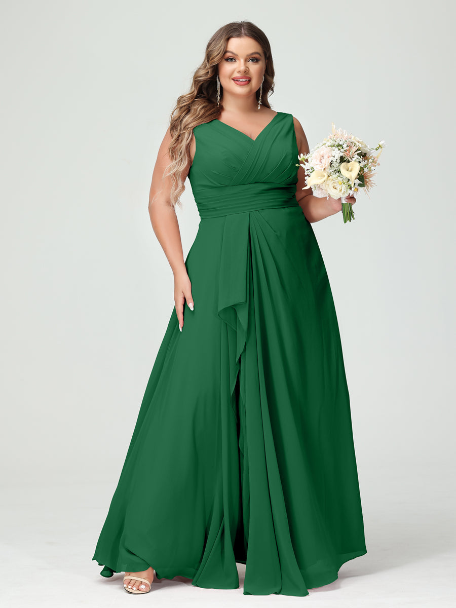 Vestidos Princesa/ Formato A com Decote Em V Sem Mangas Em Chiffon Babados Vestidos de Dama de Honra com Bolsos