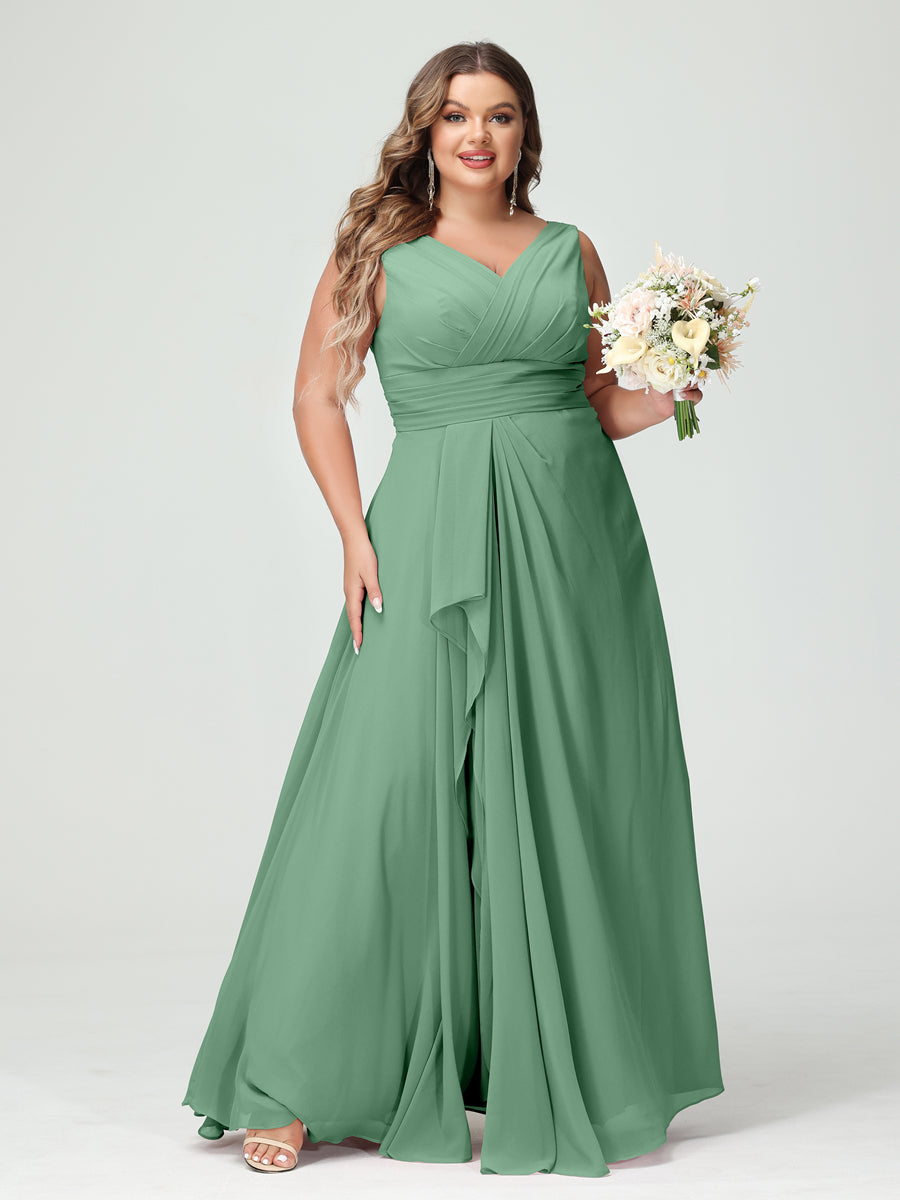 Vestidos Princesa/ Formato A com Decote Em V Sem Mangas Em Chiffon Babados Vestidos de Dama de Honra com Bolsos