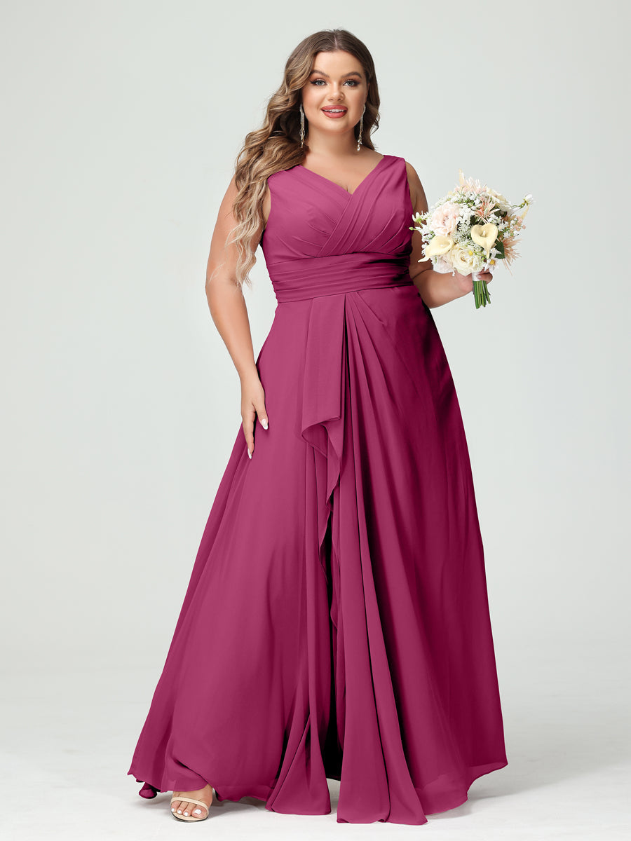 Vestidos Princesa/ Formato A com Decote Em V Sem Mangas Em Chiffon Babados Vestidos de Dama de Honra com Bolsos