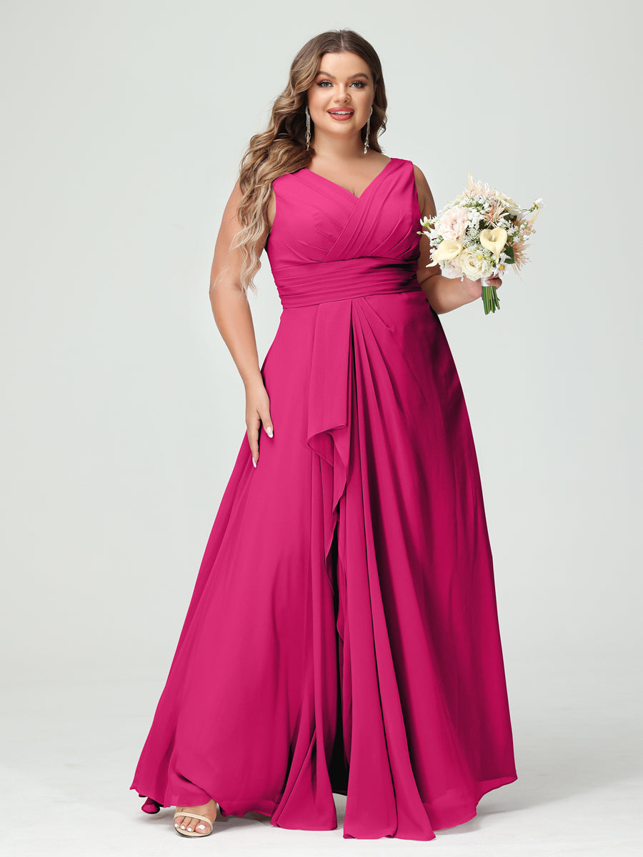 Vestidos Princesa/ Formato A com Decote Em V Sem Mangas Em Chiffon Babados Vestidos de Dama de Honra com Bolsos
