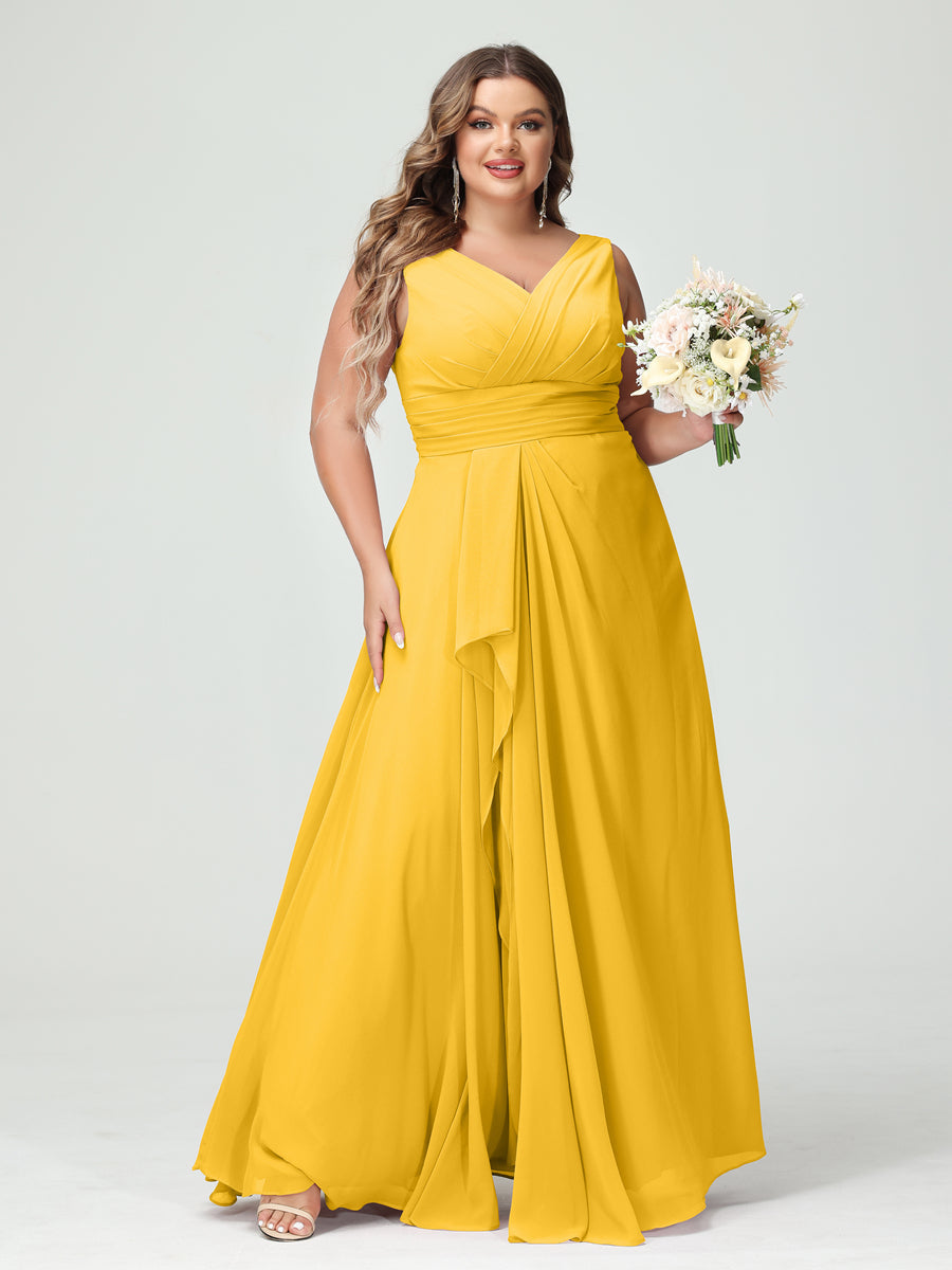 Vestidos Princesa/ Formato A com Decote Em V Sem Mangas Em Chiffon Babados Vestidos de Dama de Honra com Bolsos