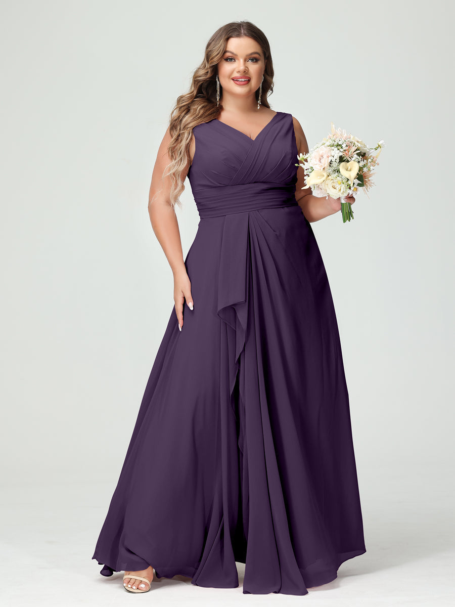 Vestidos Princesa/ Formato A com Decote Em V Sem Mangas Em Chiffon Babados Vestidos de Dama de Honra com Bolsos
