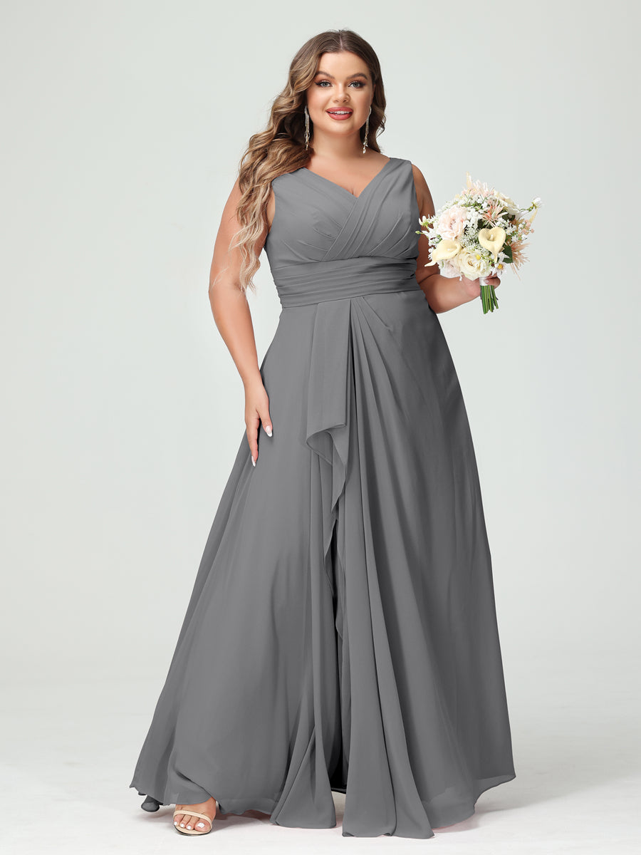 Vestidos Princesa/ Formato A com Decote Em V Sem Mangas Em Chiffon Babados Vestidos de Dama de Honra com Bolsos