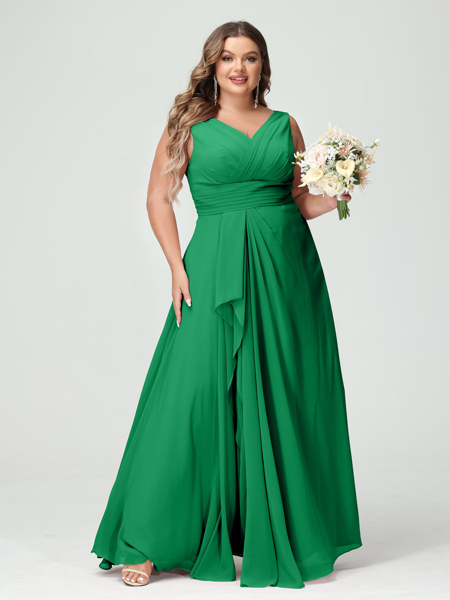 Vestidos Princesa/ Formato A com Decote Em V Sem Mangas Em Chiffon Babados Vestidos de Dama de Honra com Bolsos