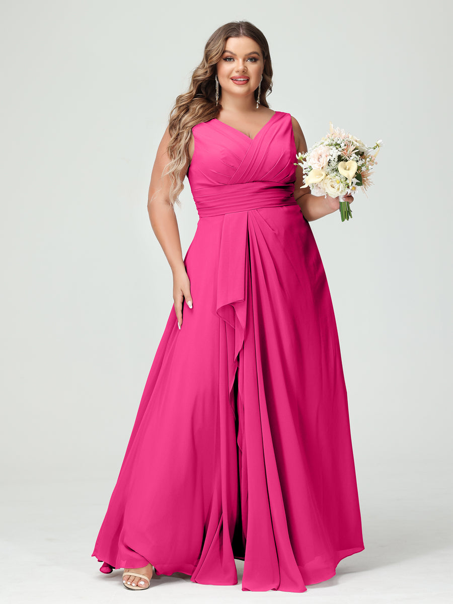 Vestidos Princesa/ Formato A com Decote Em V Sem Mangas Em Chiffon Babados Vestidos de Dama de Honra com Bolsos