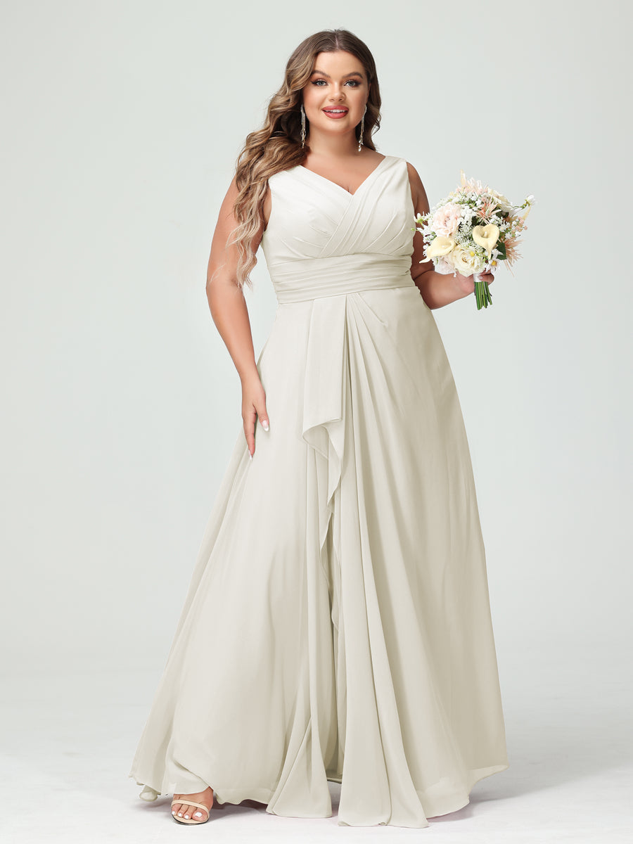 Vestidos Princesa/ Formato A com Decote Em V Sem Mangas Em Chiffon Babados Vestidos de Dama de Honra com Bolsos