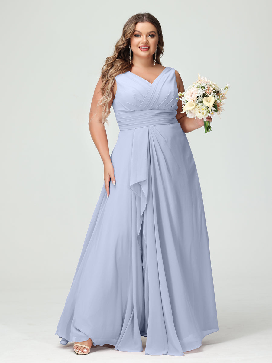 Vestidos Princesa/ Formato A com Decote Em V Sem Mangas Em Chiffon Babados Vestidos de Dama de Honra com Bolsos