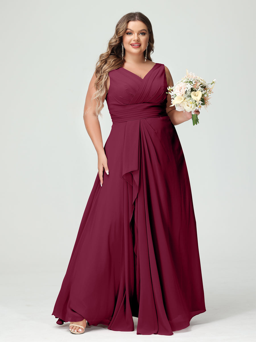 Vestidos Princesa/ Formato A com Decote Em V Sem Mangas Em Chiffon Babados Vestidos de Dama de Honra com Bolsos