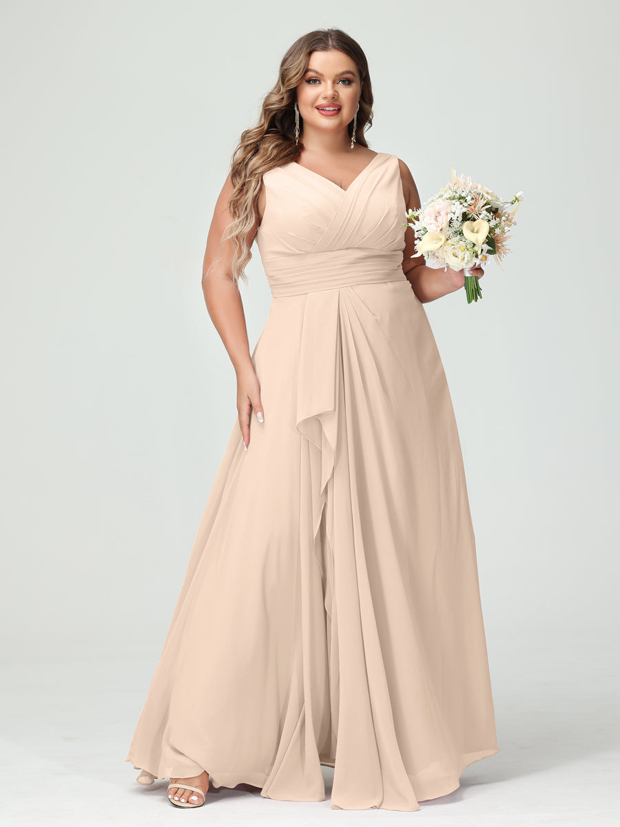 Vestidos Princesa/ Formato A com Decote Em V Sem Mangas Em Chiffon Babados Vestidos de Dama de Honra com Bolsos
