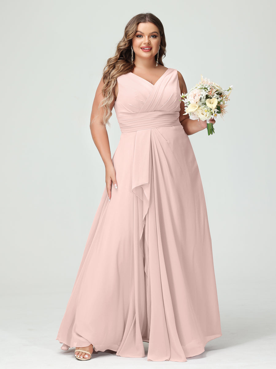 Vestidos Princesa/ Formato A com Decote Em V Sem Mangas Em Chiffon Babados Vestidos de Dama de Honra com Bolsos