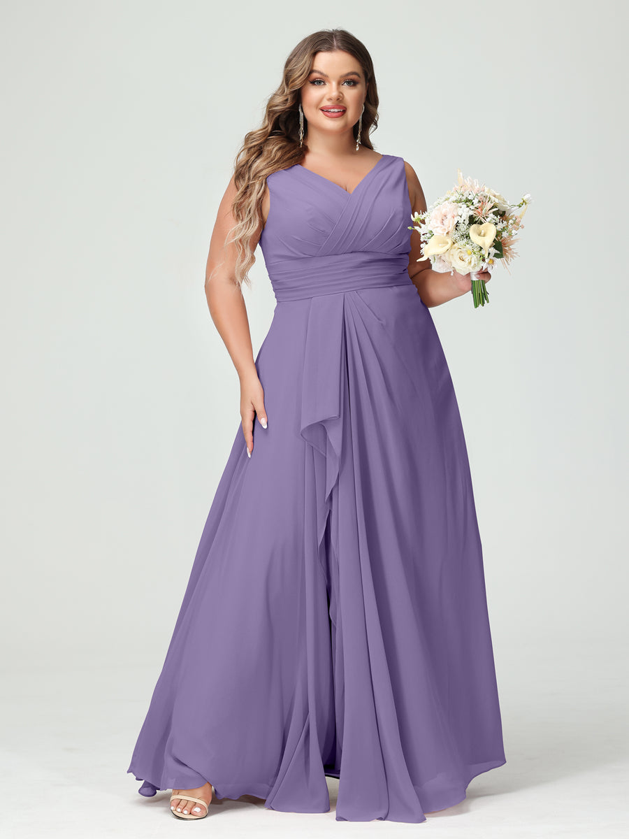 Vestidos Princesa/ Formato A com Decote Em V Sem Mangas Em Chiffon Babados Vestidos de Dama de Honra com Bolsos