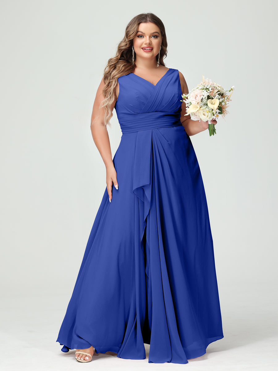 Vestidos Princesa/ Formato A com Decote Em V Sem Mangas Em Chiffon Babados Vestidos de Dama de Honra com Bolsos