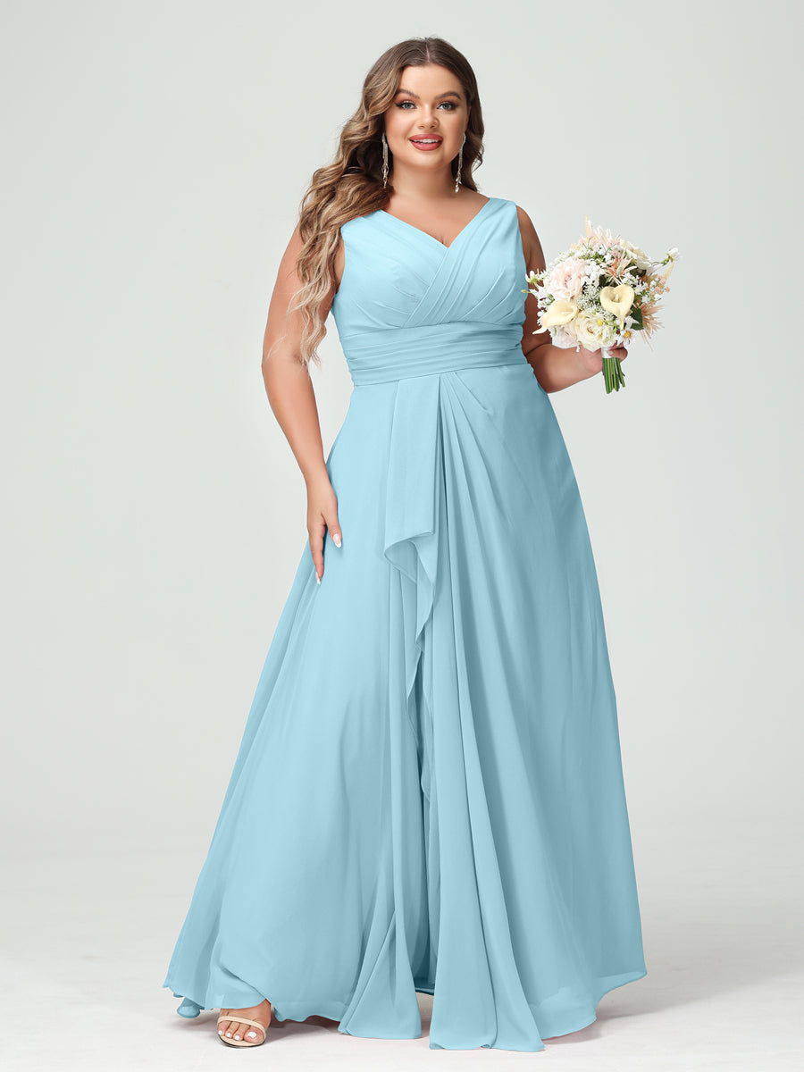 Vestidos Princesa/ Formato A com Decote Em V Sem Mangas Em Chiffon Babados Vestidos de Dama de Honra com Bolsos