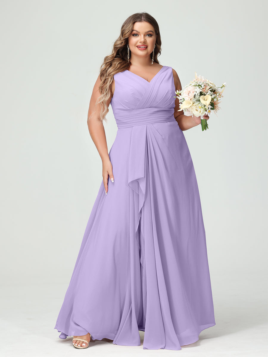 Vestidos Princesa/ Formato A com Decote Em V Sem Mangas Em Chiffon Babados Vestidos de Dama de Honra com Bolsos