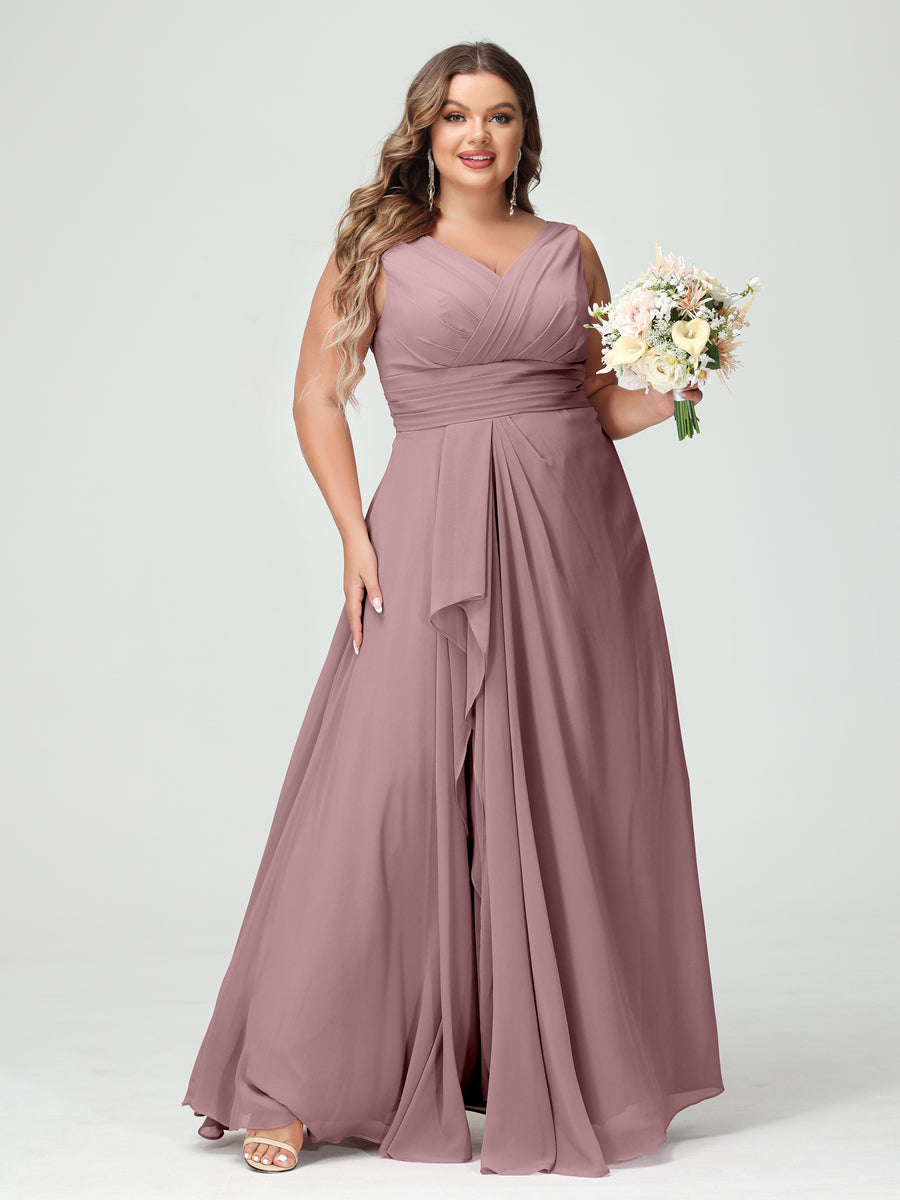 Vestidos Princesa/ Formato A com Decote Em V Sem Mangas Em Chiffon Babados Vestidos de Dama de Honra com Bolsos