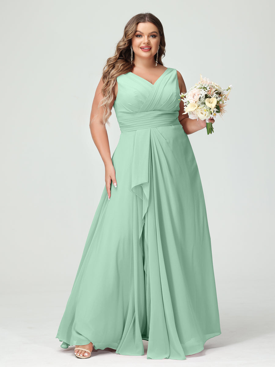 Vestidos Princesa/ Formato A com Decote Em V Sem Mangas Em Chiffon Babados Vestidos de Dama de Honra com Bolsos