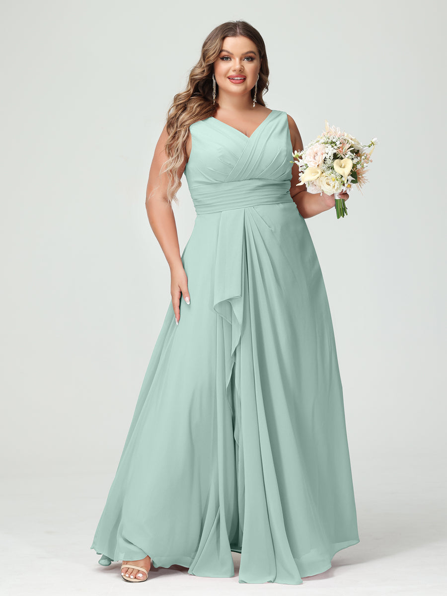 Vestidos Princesa/ Formato A com Decote Em V Sem Mangas Em Chiffon Babados Vestidos de Dama de Honra com Bolsos