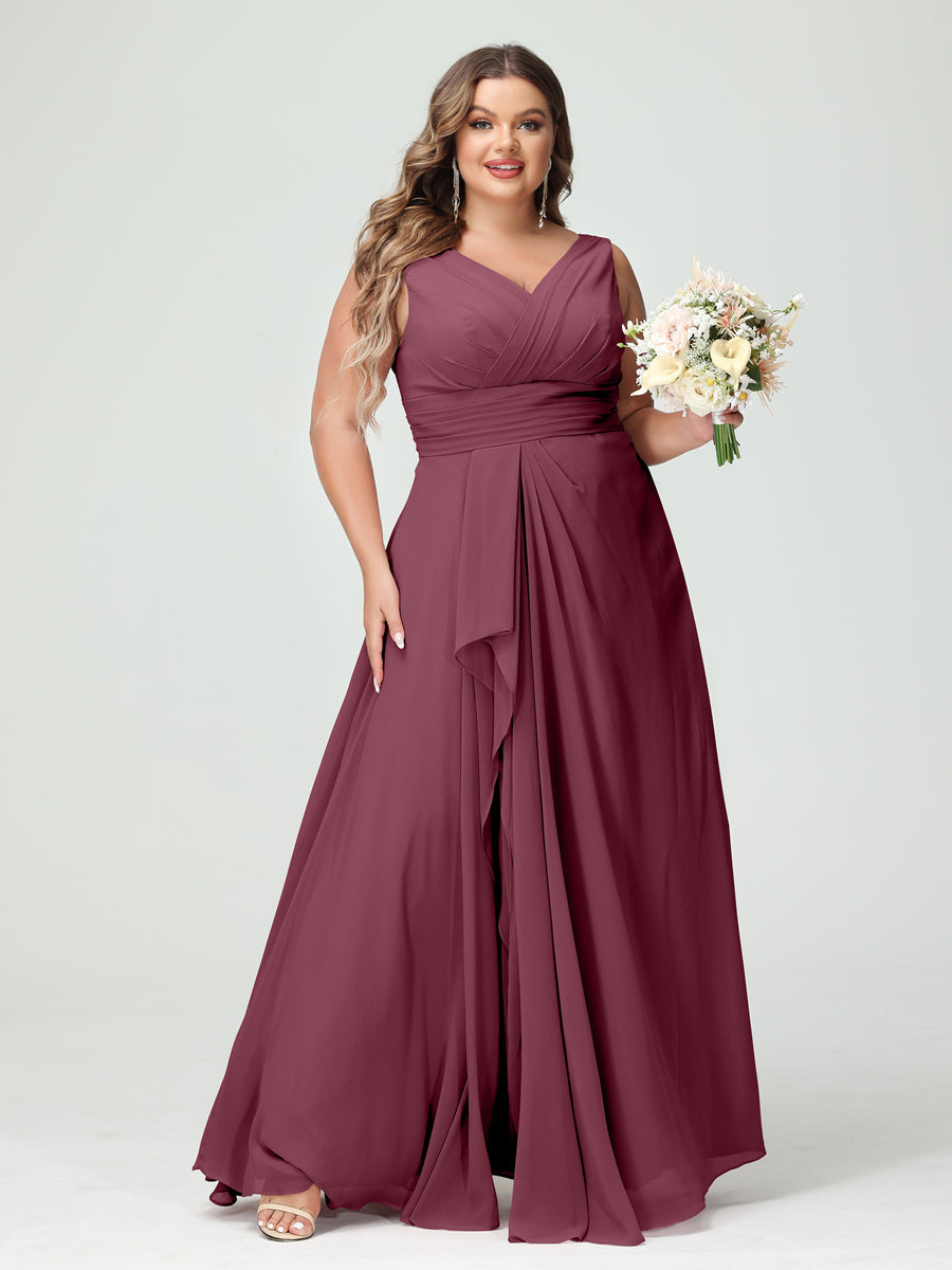 Vestidos Princesa/ Formato A com Decote Em V Sem Mangas Em Chiffon Babados Vestidos de Dama de Honra com Bolsos