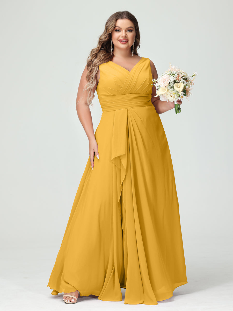 Vestidos Princesa/ Formato A com Decote Em V Sem Mangas Em Chiffon Babados Vestidos de Dama de Honra com Bolsos