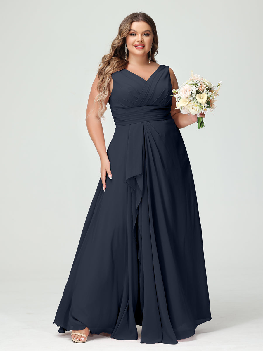 Vestidos Princesa/ Formato A com Decote Em V Sem Mangas Em Chiffon Babados Vestidos de Dama de Honra com Bolsos