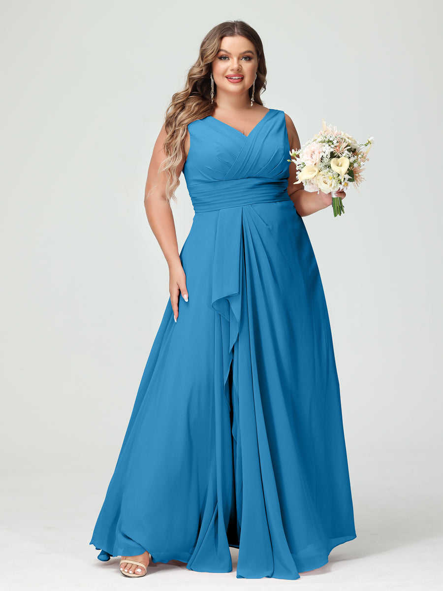 Vestidos Princesa/ Formato A com Decote Em V Sem Mangas Em Chiffon Babados Vestidos de Dama de Honra com Bolsos