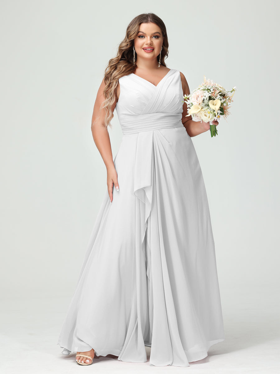 Vestidos Princesa/ Formato A com Decote Em V Sem Mangas Em Chiffon Babados Vestidos de Dama de Honra com Bolsos