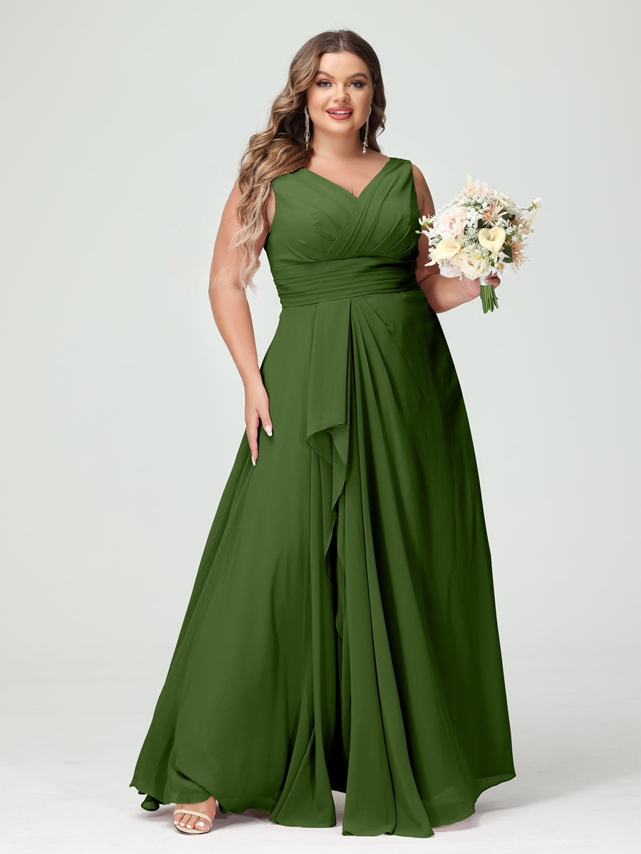 Vestidos Princesa/ Formato A com Decote Em V Sem Mangas Em Chiffon Babados Vestidos de Dama de Honra com Bolsos