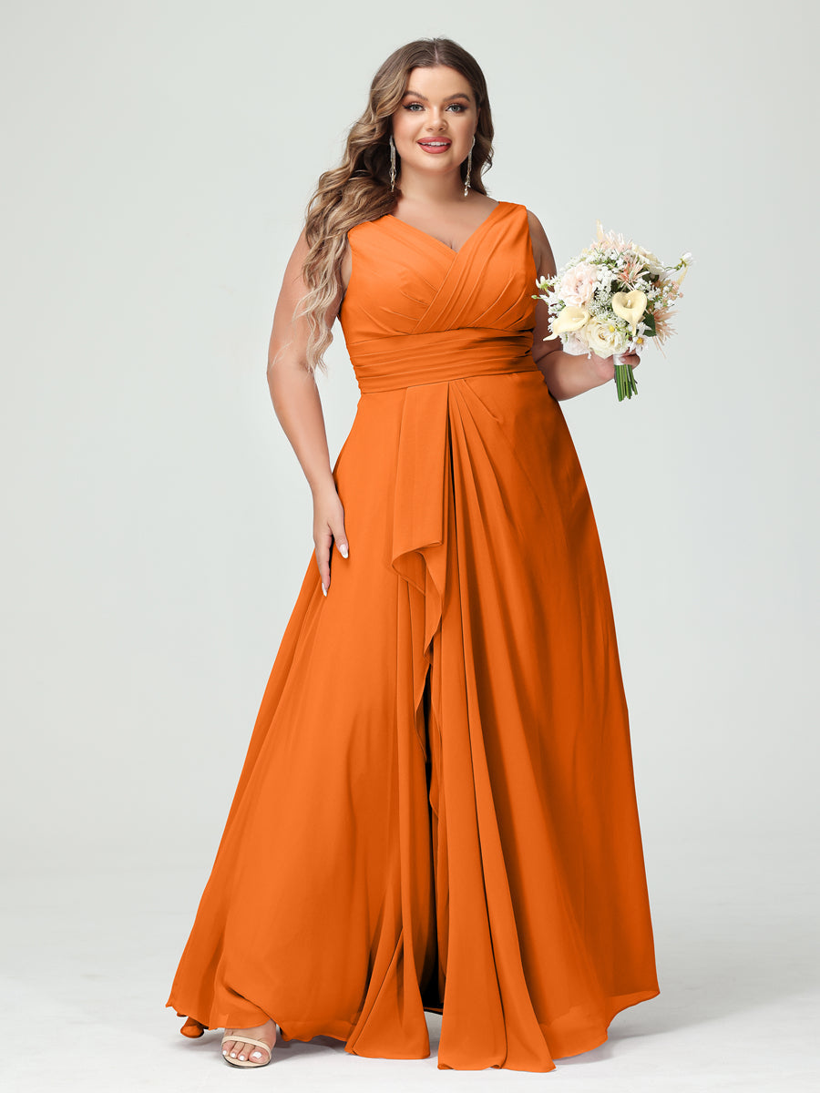 Vestidos Princesa/ Formato A com Decote Em V Sem Mangas Em Chiffon Babados Vestidos de Dama de Honra com Bolsos