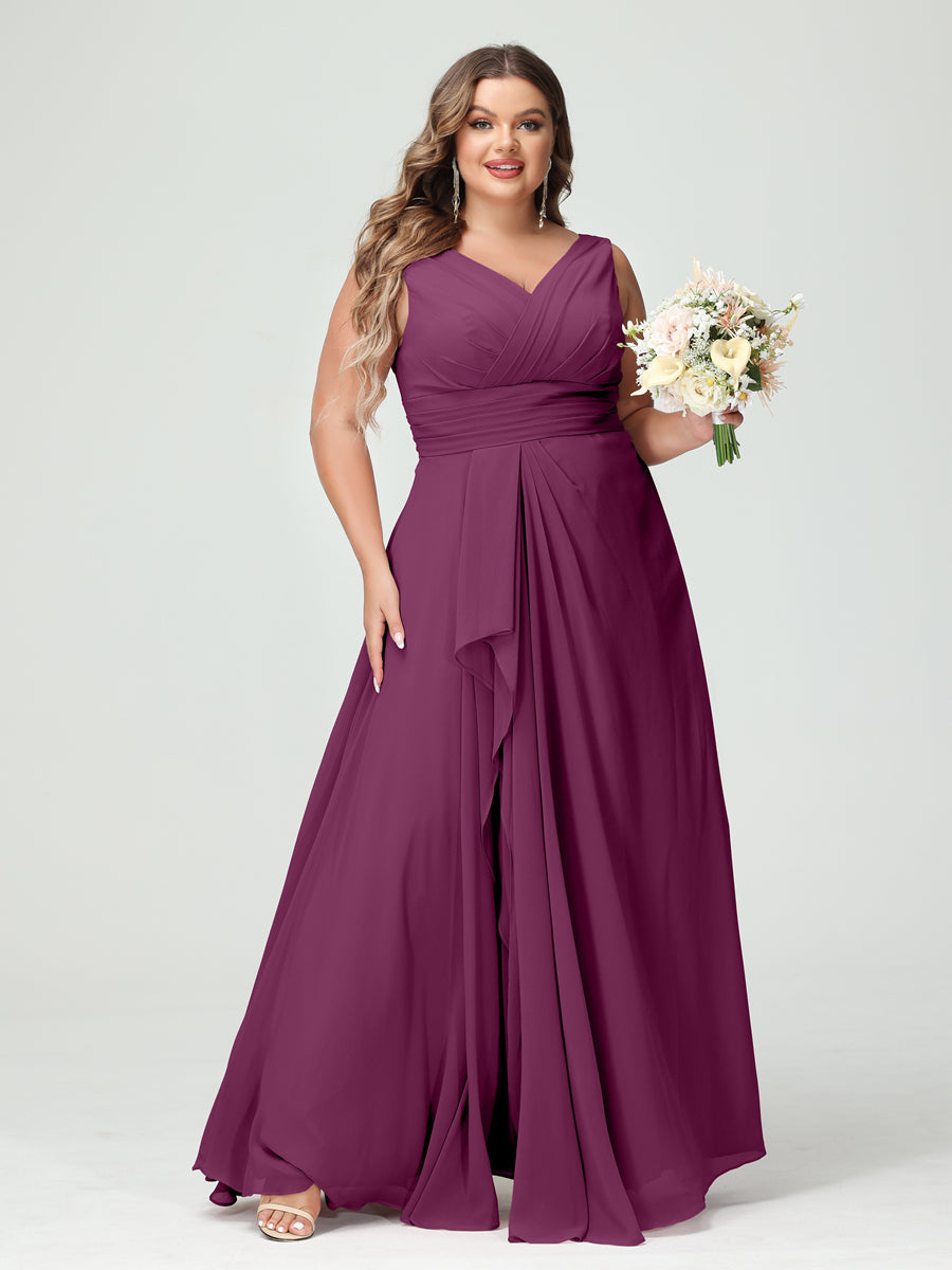 Vestidos Princesa/ Formato A com Decote Em V Sem Mangas Em Chiffon Babados Vestidos de Dama de Honra com Bolsos