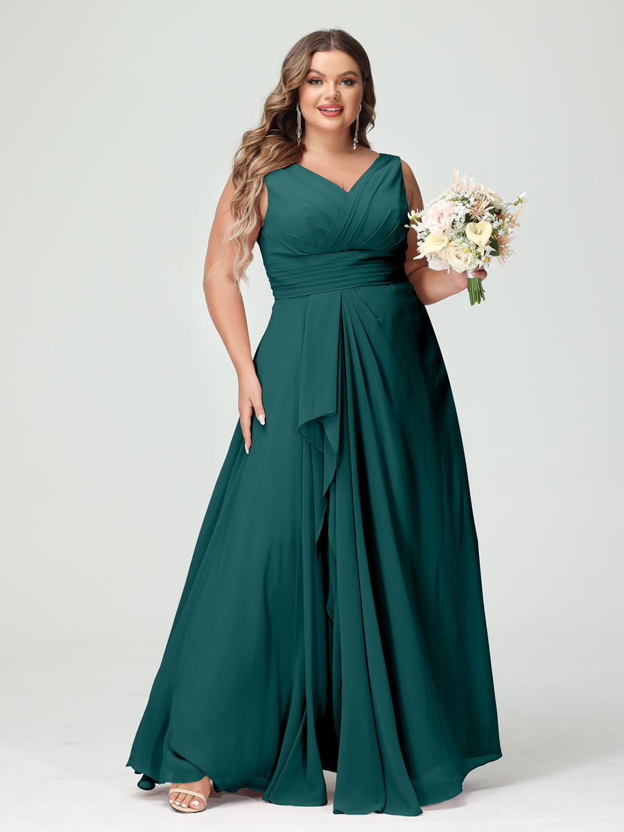 Vestidos Princesa/ Formato A com Decote Em V Sem Mangas Em Chiffon Babados Vestidos de Dama de Honra com Bolsos