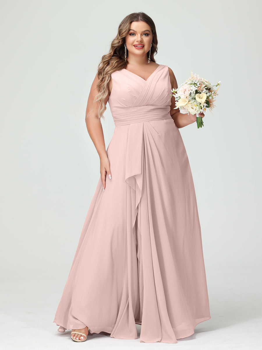 Vestidos Princesa/ Formato A com Decote Em V Sem Mangas Em Chiffon Babados Vestidos de Dama de Honra com Bolsos