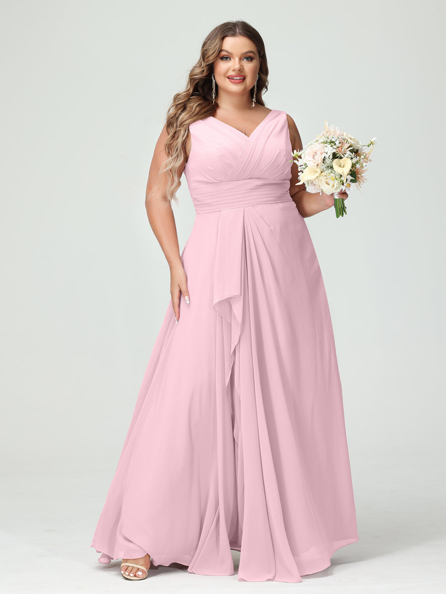 Vestidos Princesa/ Formato A com Decote Em V Sem Mangas Em Chiffon Babados Vestidos de Dama de Honra com Bolsos