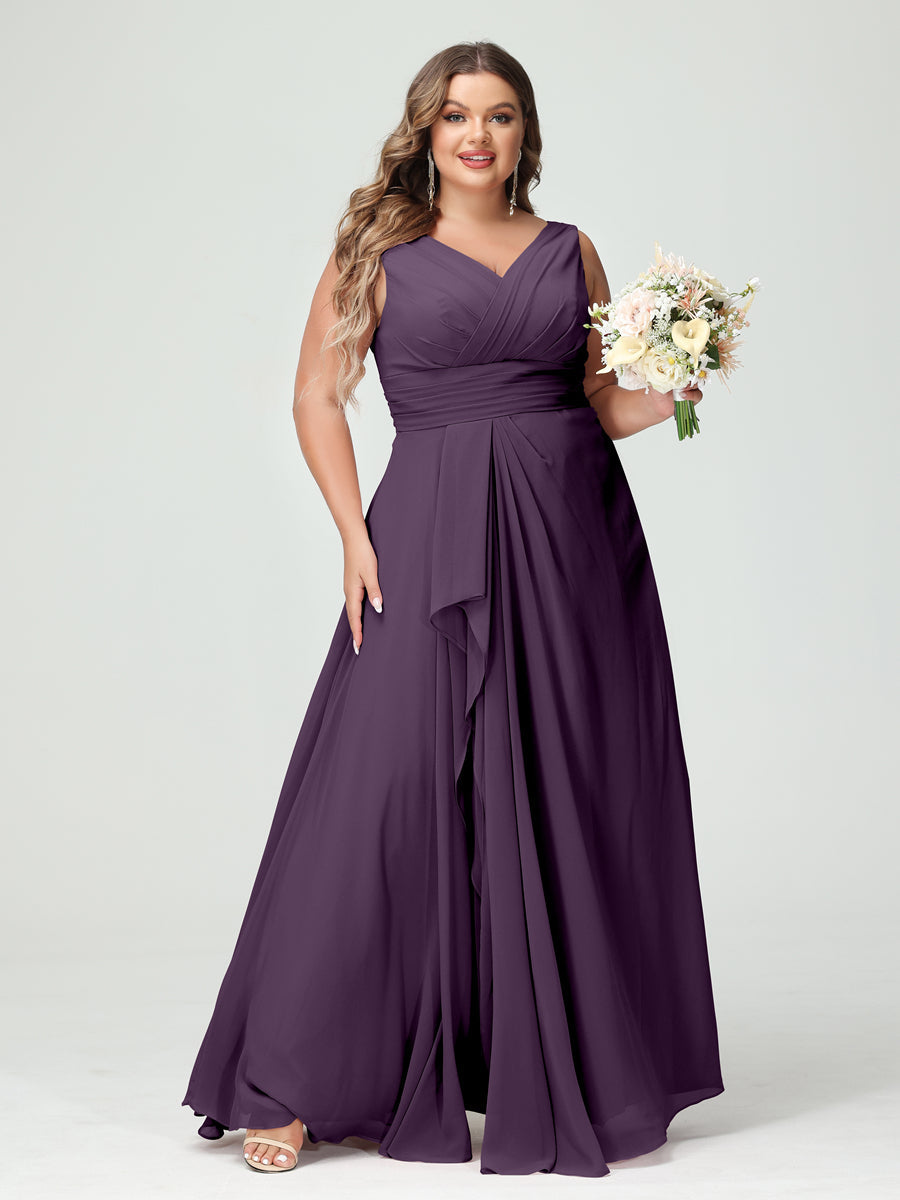 Vestidos Princesa/ Formato A com Decote Em V Sem Mangas Em Chiffon Babados Vestidos de Dama de Honra com Bolsos