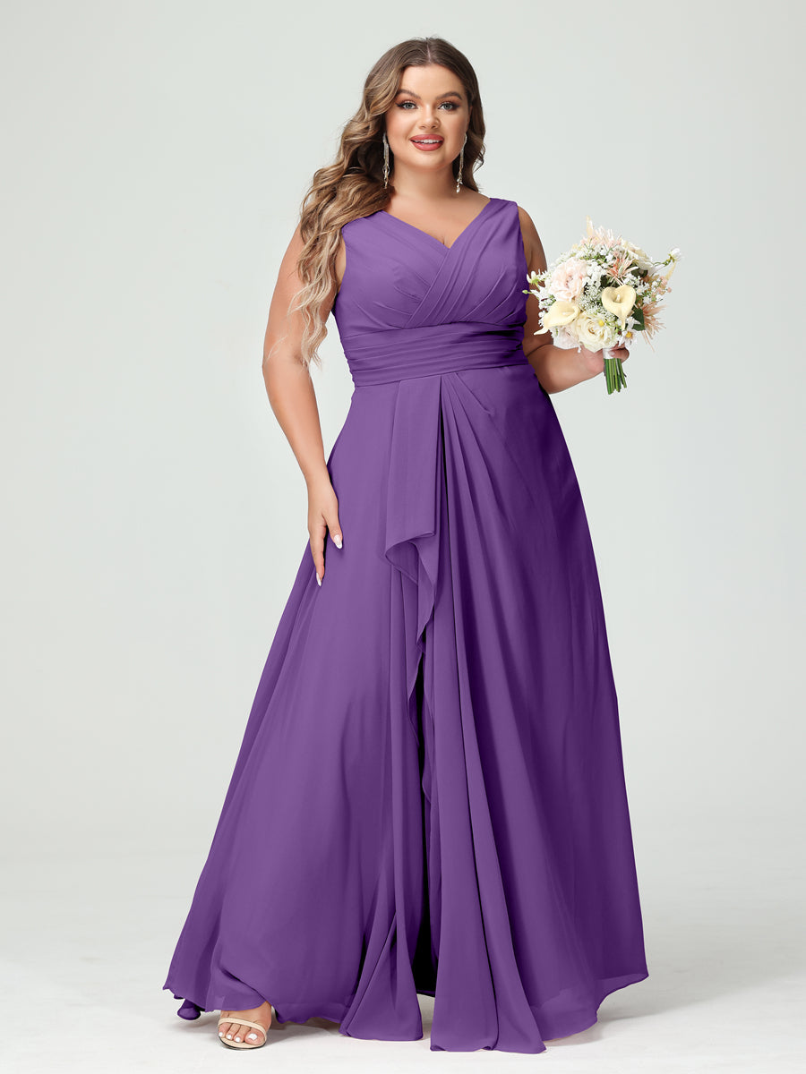Vestidos Princesa/ Formato A com Decote Em V Sem Mangas Em Chiffon Babados Vestidos de Dama de Honra com Bolsos