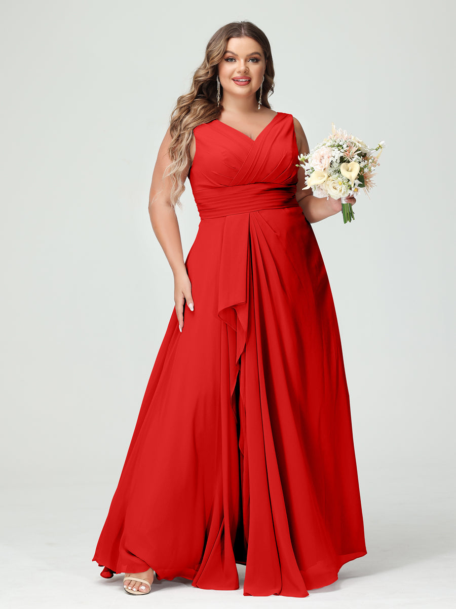 Vestidos Princesa/ Formato A com Decote Em V Sem Mangas Em Chiffon Babados Vestidos de Dama de Honra com Bolsos