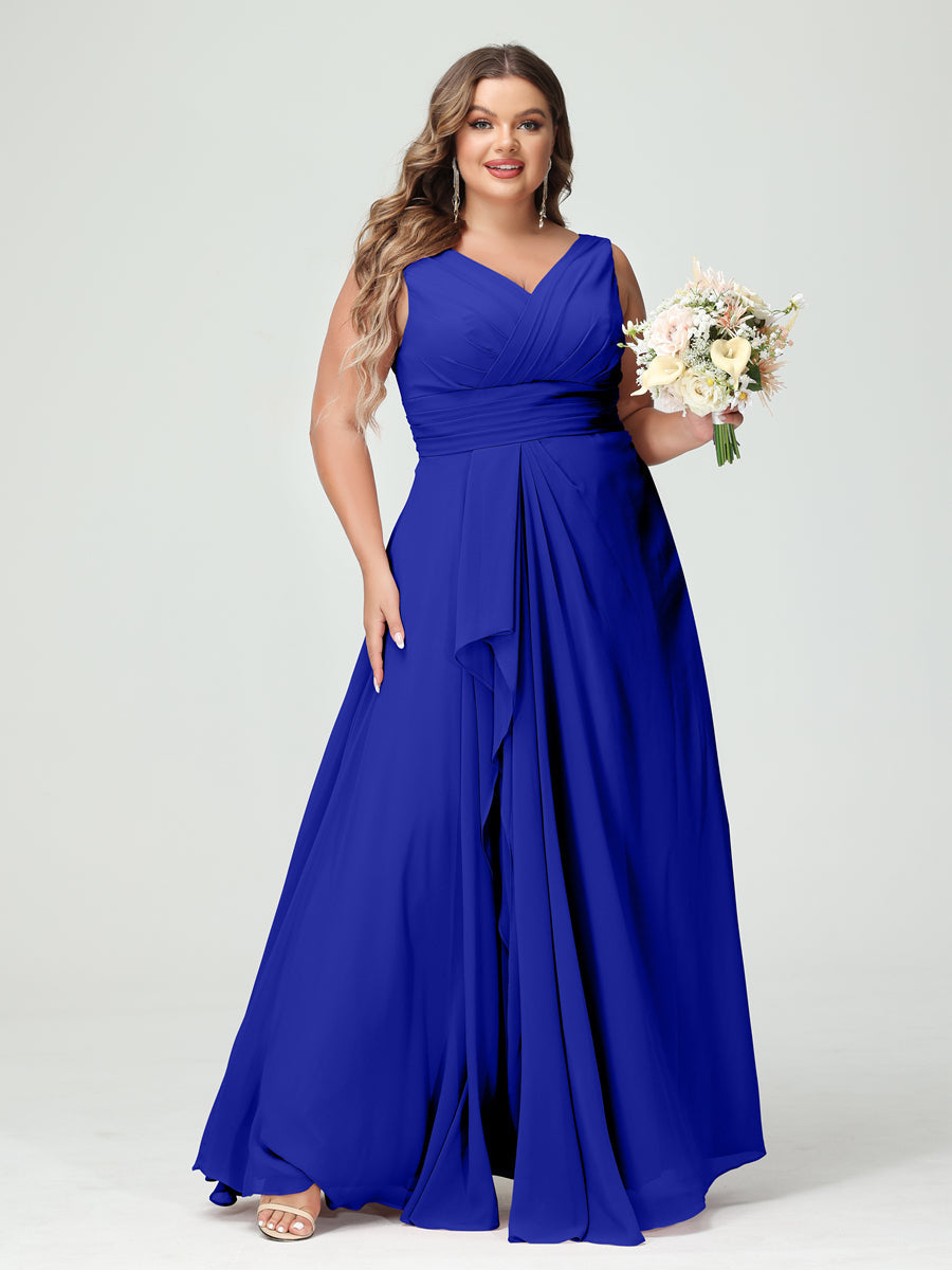 Vestidos Princesa/ Formato A com Decote Em V Sem Mangas Em Chiffon Babados Vestidos de Dama de Honra com Bolsos
