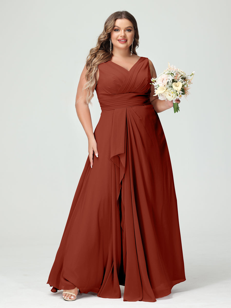 Vestidos Princesa/ Formato A com Decote Em V Sem Mangas Em Chiffon Babados Vestidos de Dama de Honra com Bolsos