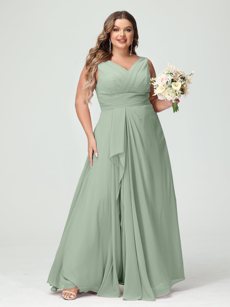Vestidos Princesa/ Formato A com Decote Em V Sem Mangas Em Chiffon Babados Vestidos de Dama de Honra com Bolsos