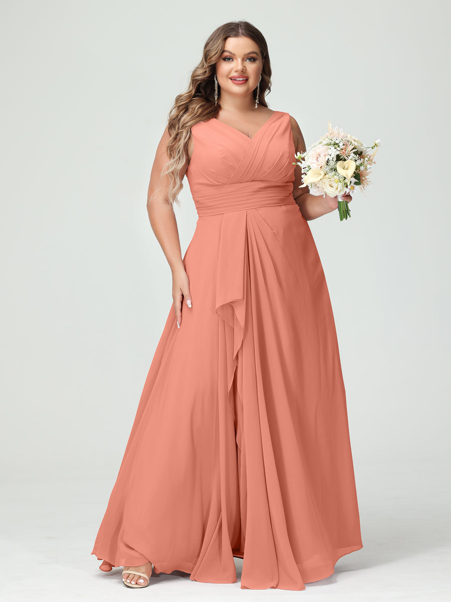 Vestidos Princesa/ Formato A com Decote Em V Sem Mangas Em Chiffon Babados Vestidos de Dama de Honra com Bolsos