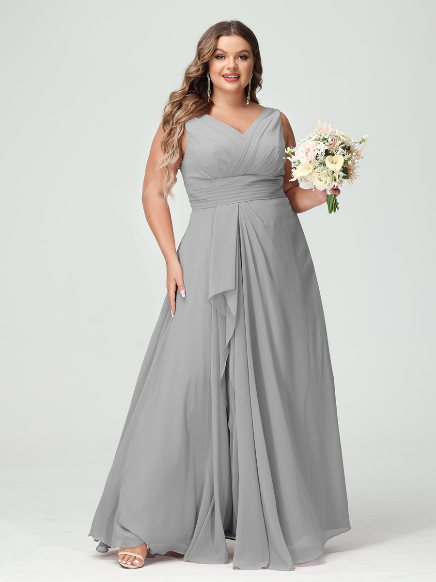 Vestidos Princesa/ Formato A com Decote Em V Sem Mangas Em Chiffon Babados Vestidos de Dama de Honra com Bolsos