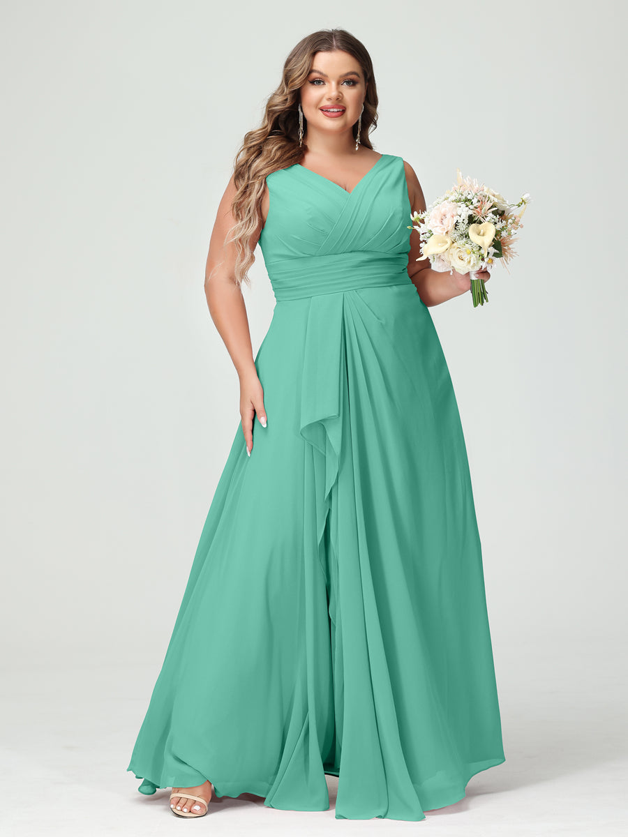 Vestidos Princesa/ Formato A com Decote Em V Sem Mangas Em Chiffon Babados Vestidos de Dama de Honra com Bolsos